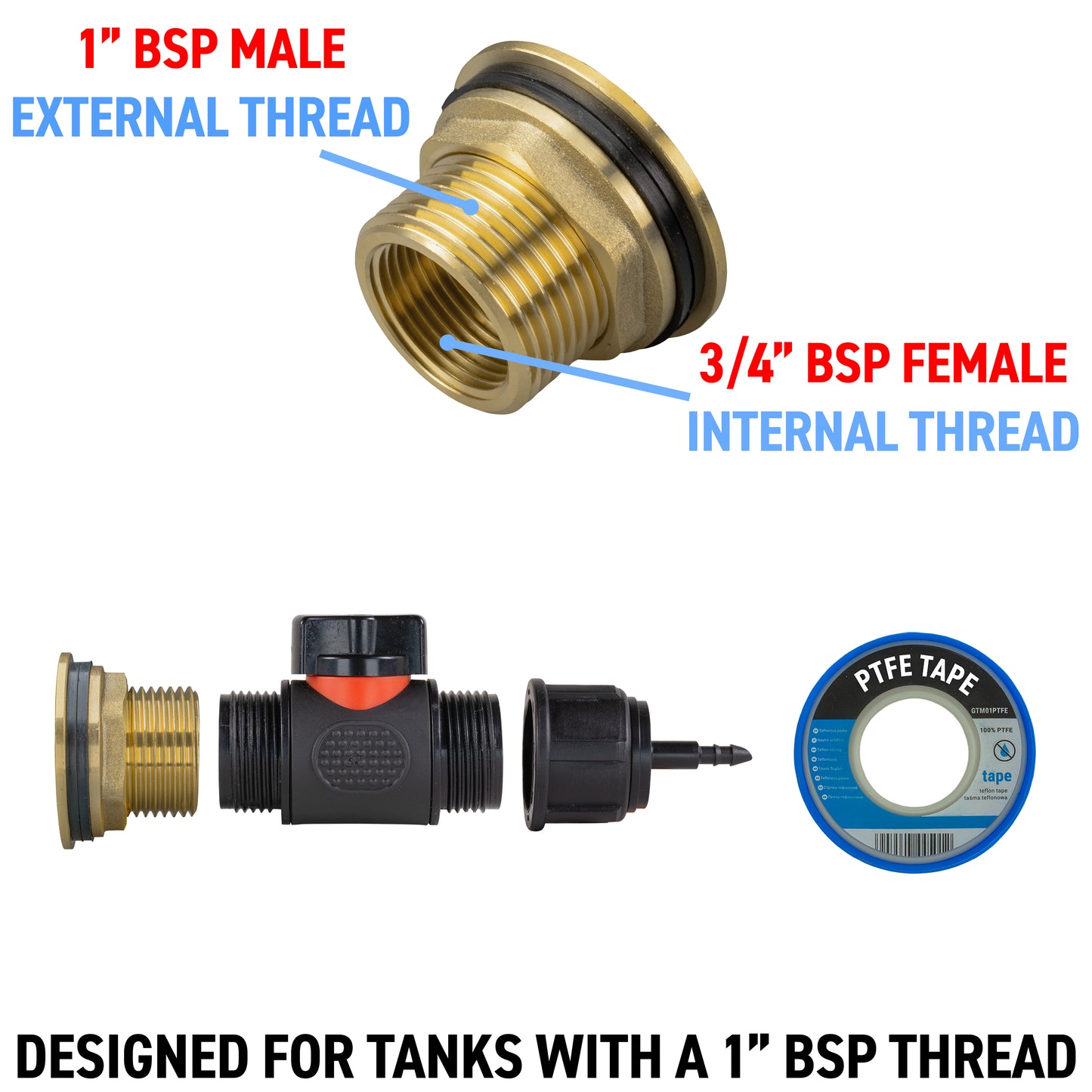 Water Butt Brass Kit 1" with In-Line Valve + 4mm Barb and Drill Bit