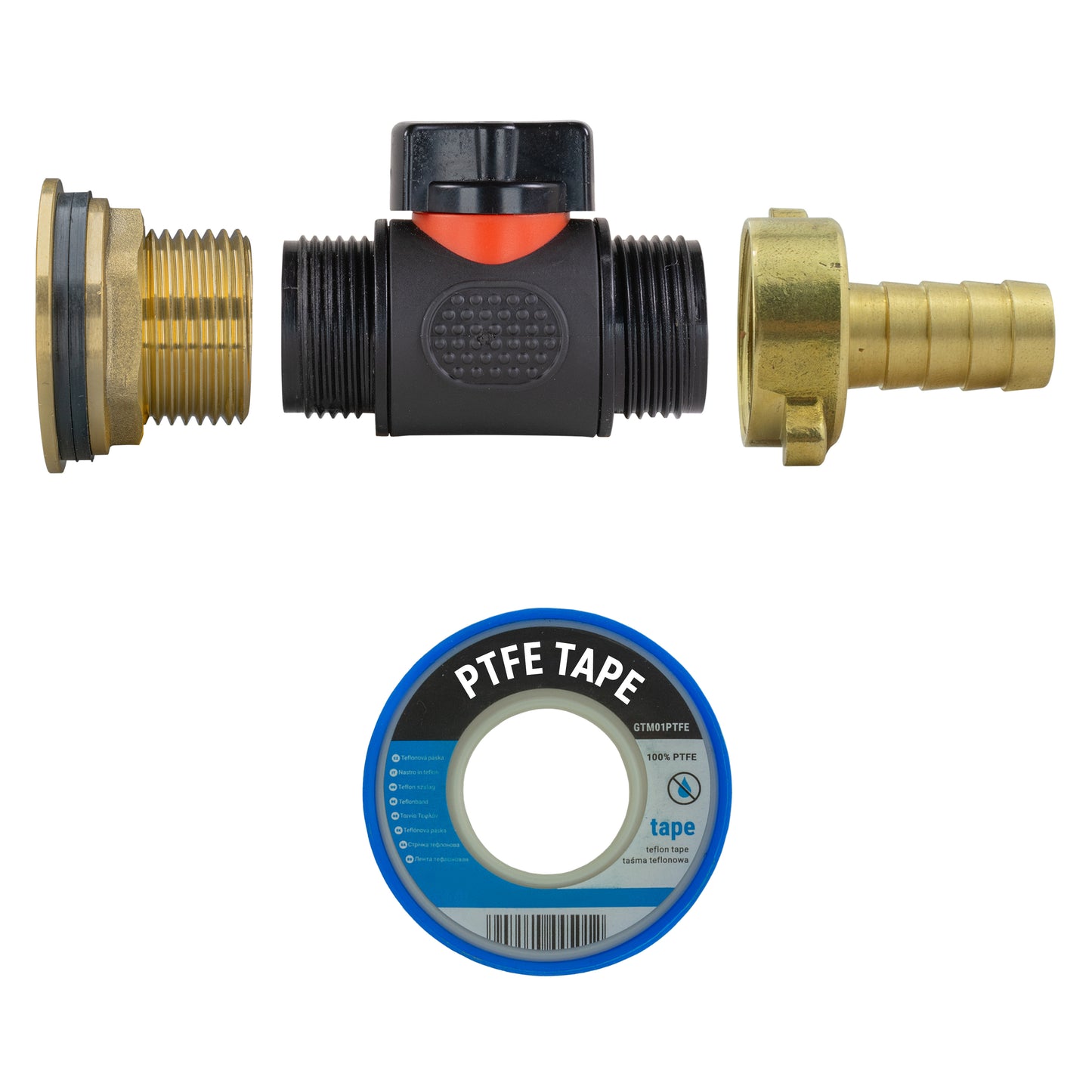 Water Butt Brass Kit 1" with In-Line Valve + 1/2" Brass Barb