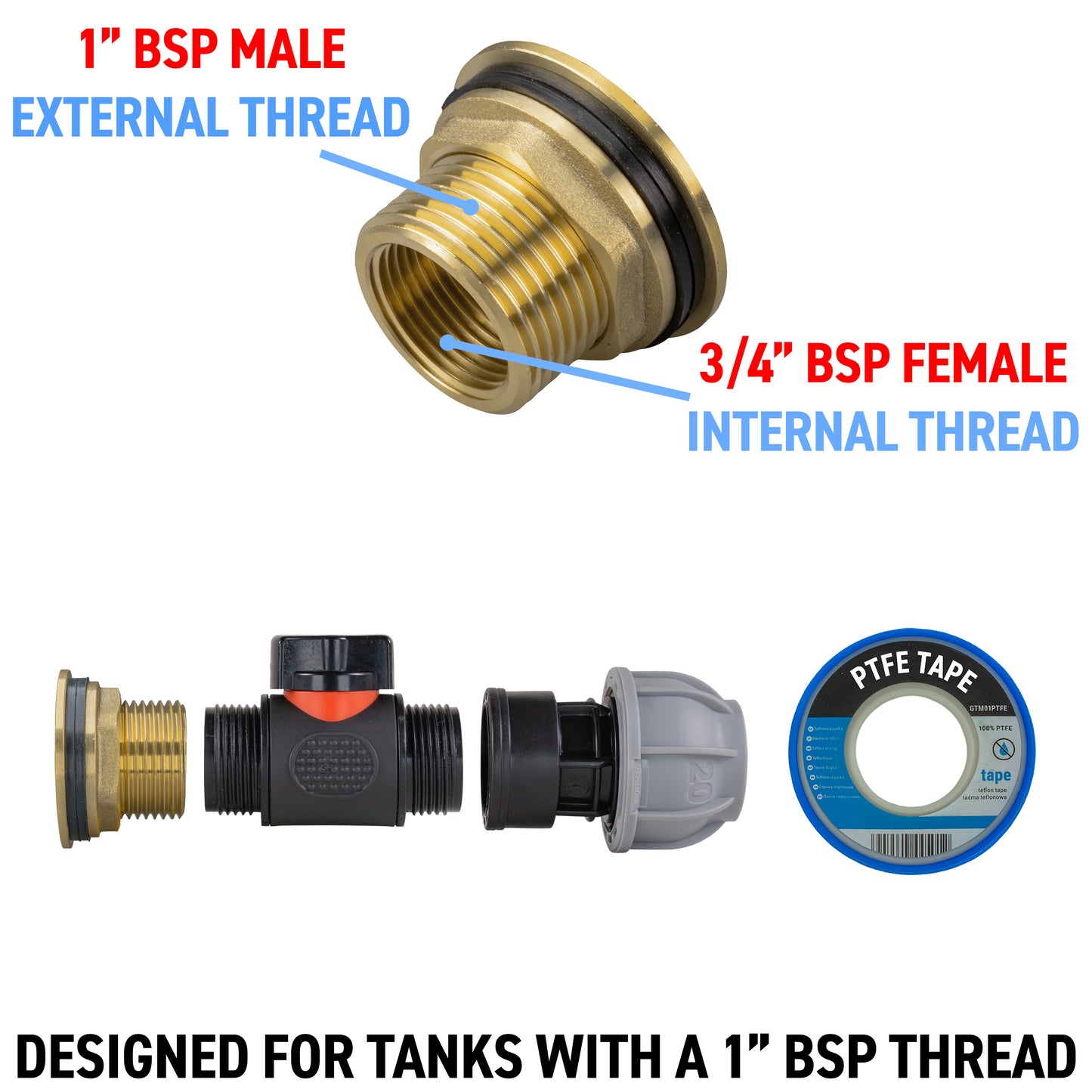 Water Butt Brass Kit 1" with In-Line Valve + 20mm MDPE and Drill Bit