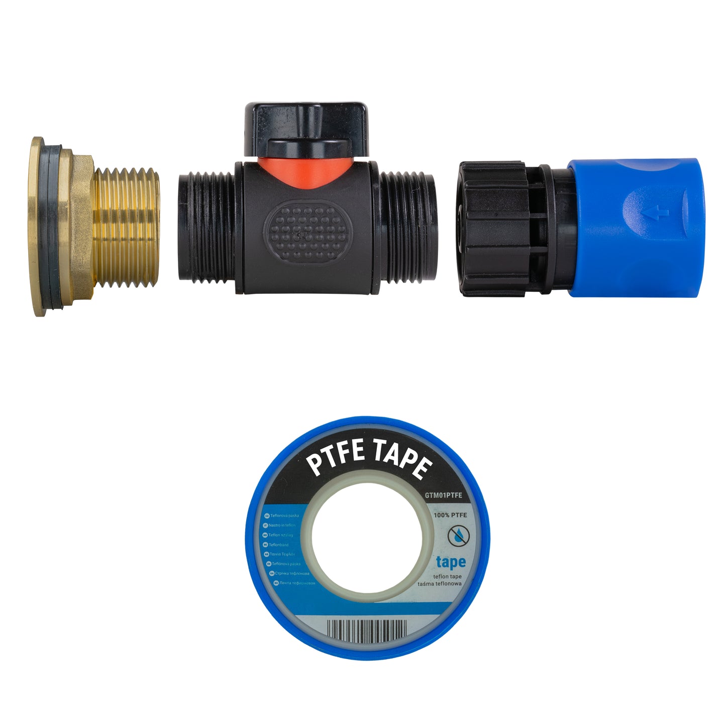 Water Butt Brass Kit 1" with In-Line Valve + Female Quick Connector Blue and Drill Bit