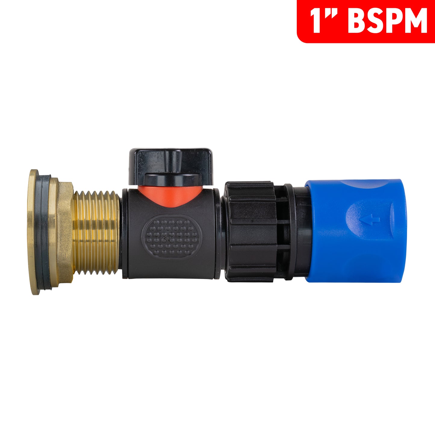 Water Butt Brass Kit 1" with In-Line Valve + Female Quick Connector Blue and Drill Bit