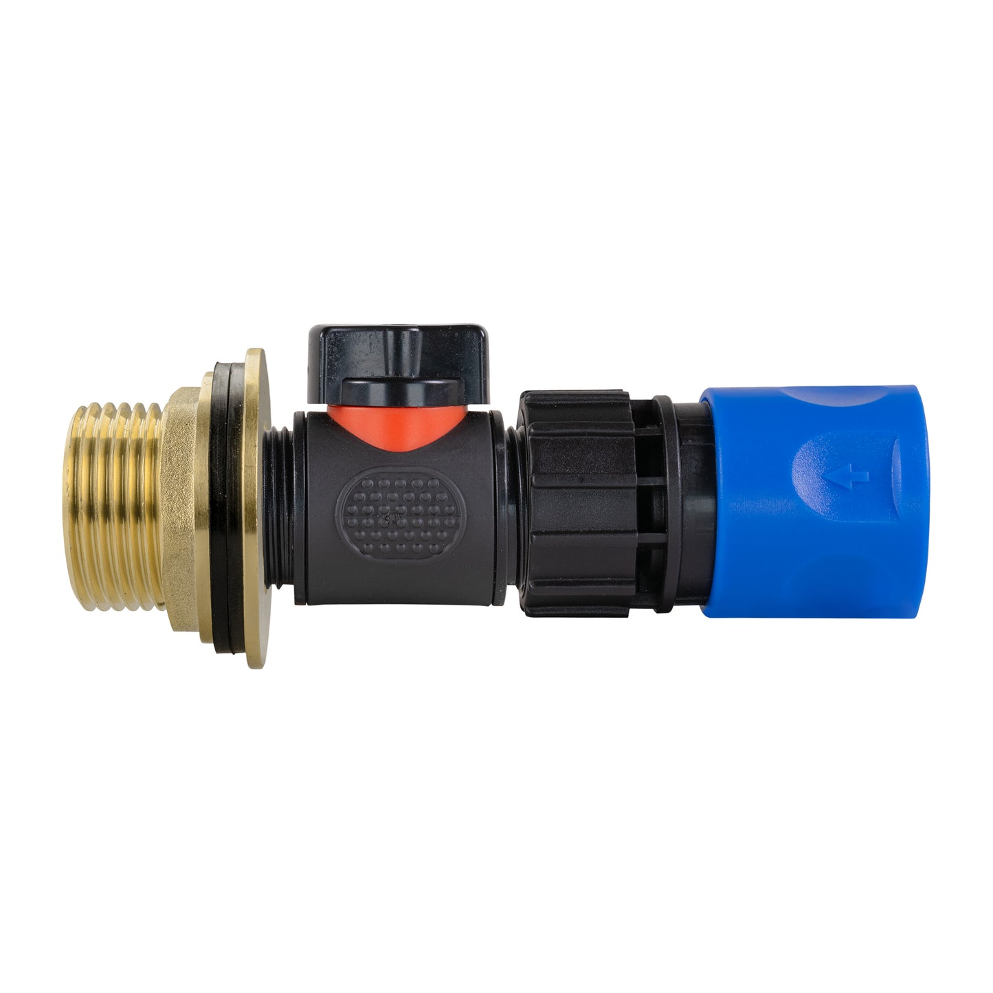 Water Butt Brass Kit 1" with In-Line Valve + Female Quick Connector Blue and Drill Bit