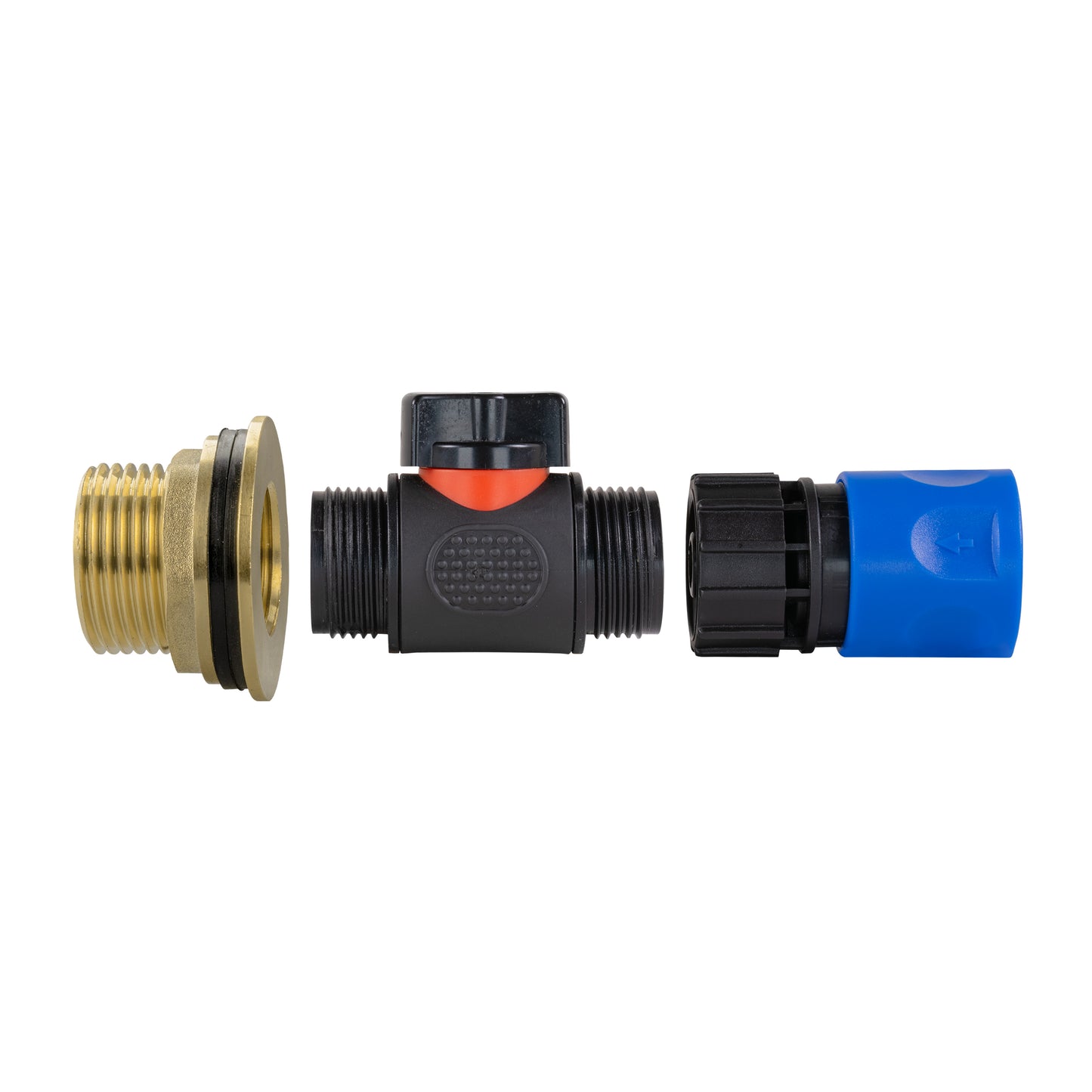 Water Butt Brass Kit 1" with In-Line Valve + Female Quick Connector Blue and Drill Bit