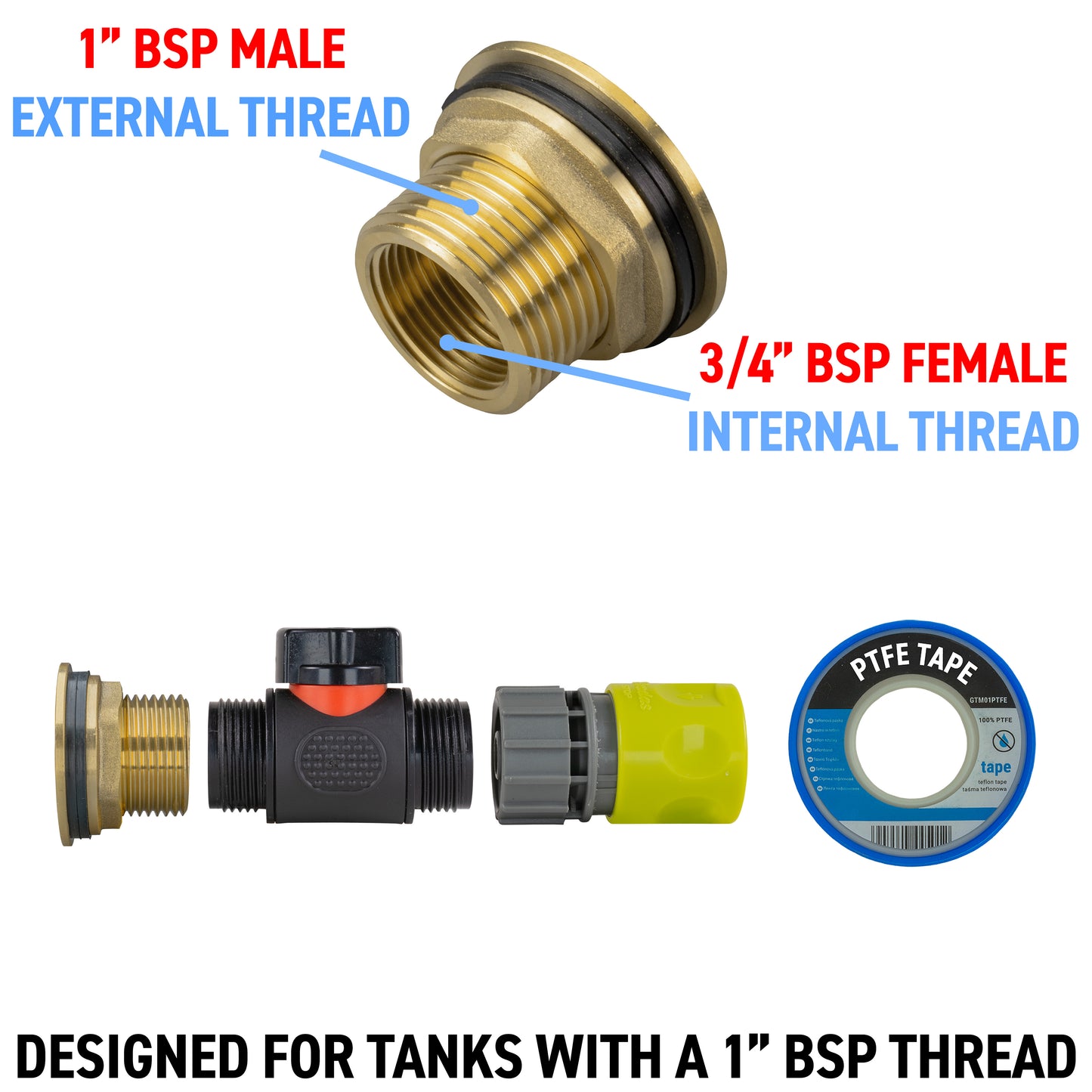 Water Butt Brass Kit 1" with In-Line Valve + Female Quick Connector Lime and Drill Bit