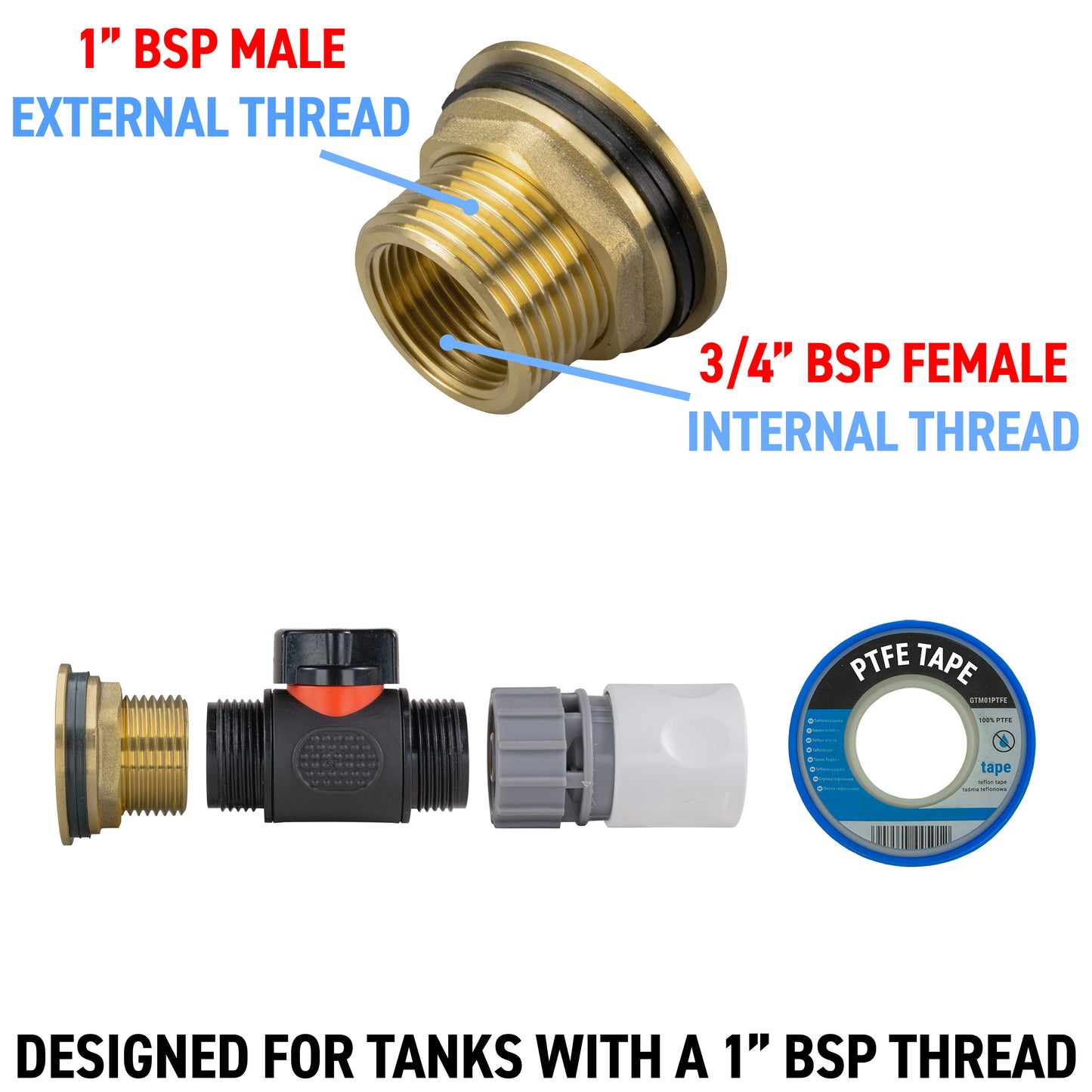 Water Butt Brass Kit 1" with In-Line Valve + Female Quick Connector WL and Drill Bit