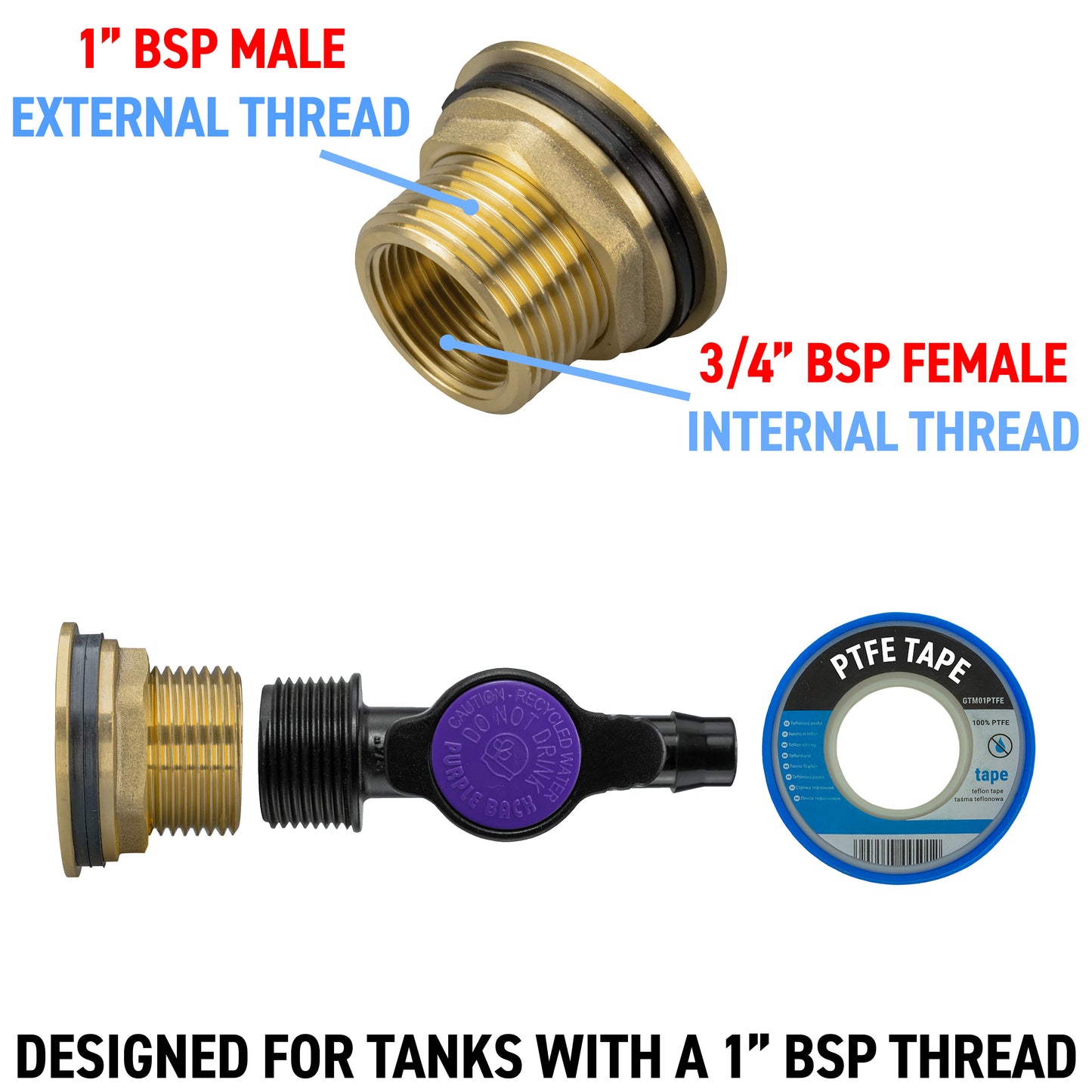 Water Butt Brass Kit 1" with 13mm Barb Irrigation Valve and Drill Bit