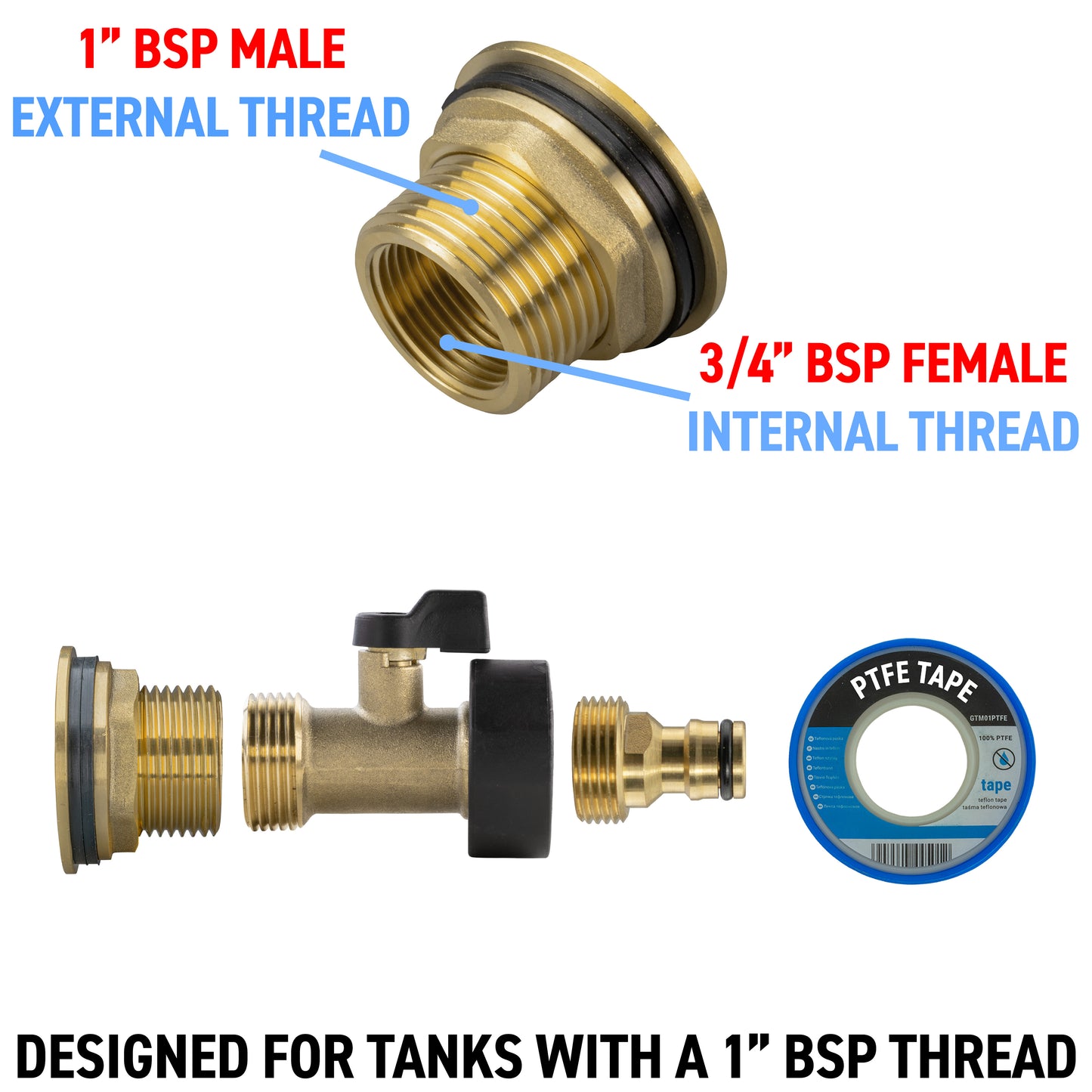 Water Butt Brass Kit 1" with Brass Valve + Quick Connect and Drill Bit