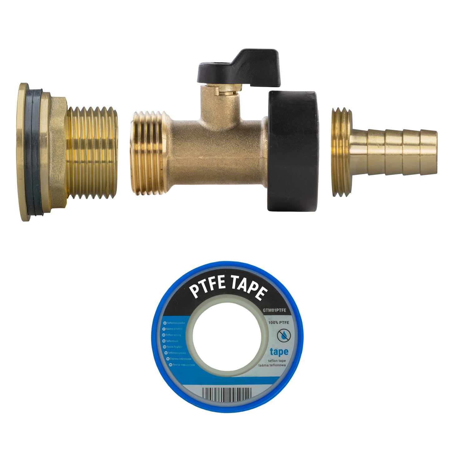 Water Butt Brass Kit 1" with Brass Valve + 13mm Barb and Drill Bit