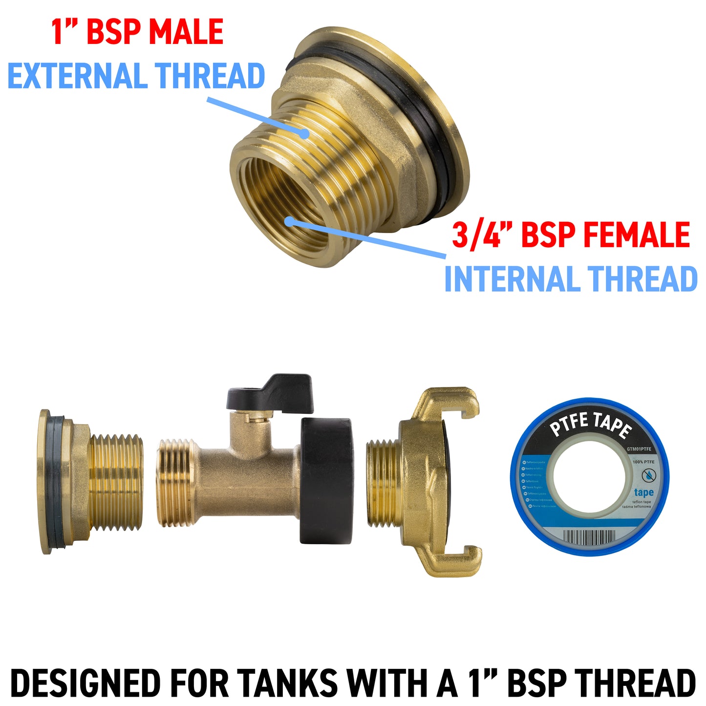 Water Butt Brass Kit 1" with Brass Valve + Geka and Drill Bit