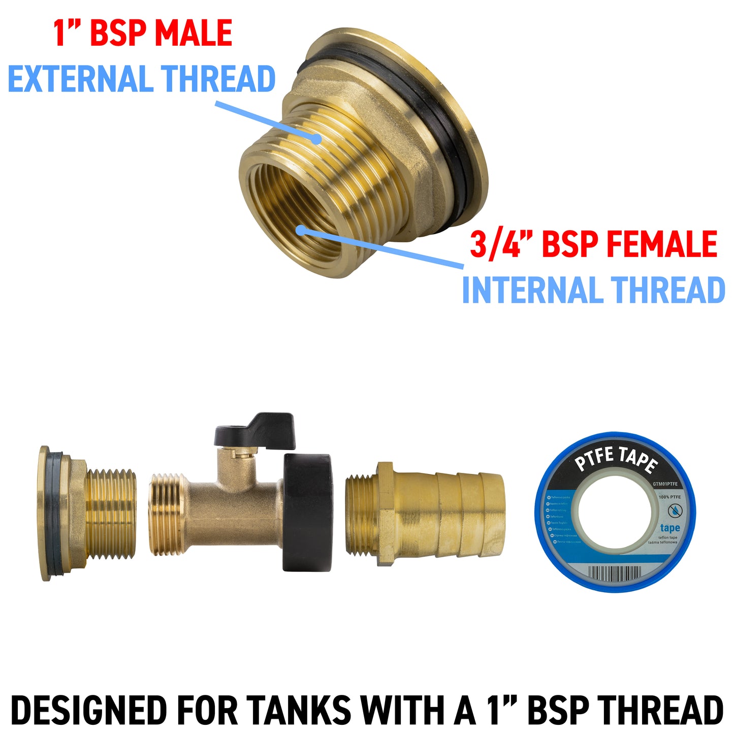 Water Butt Brass Kit 1" with Brass Valve + 25mm Barb