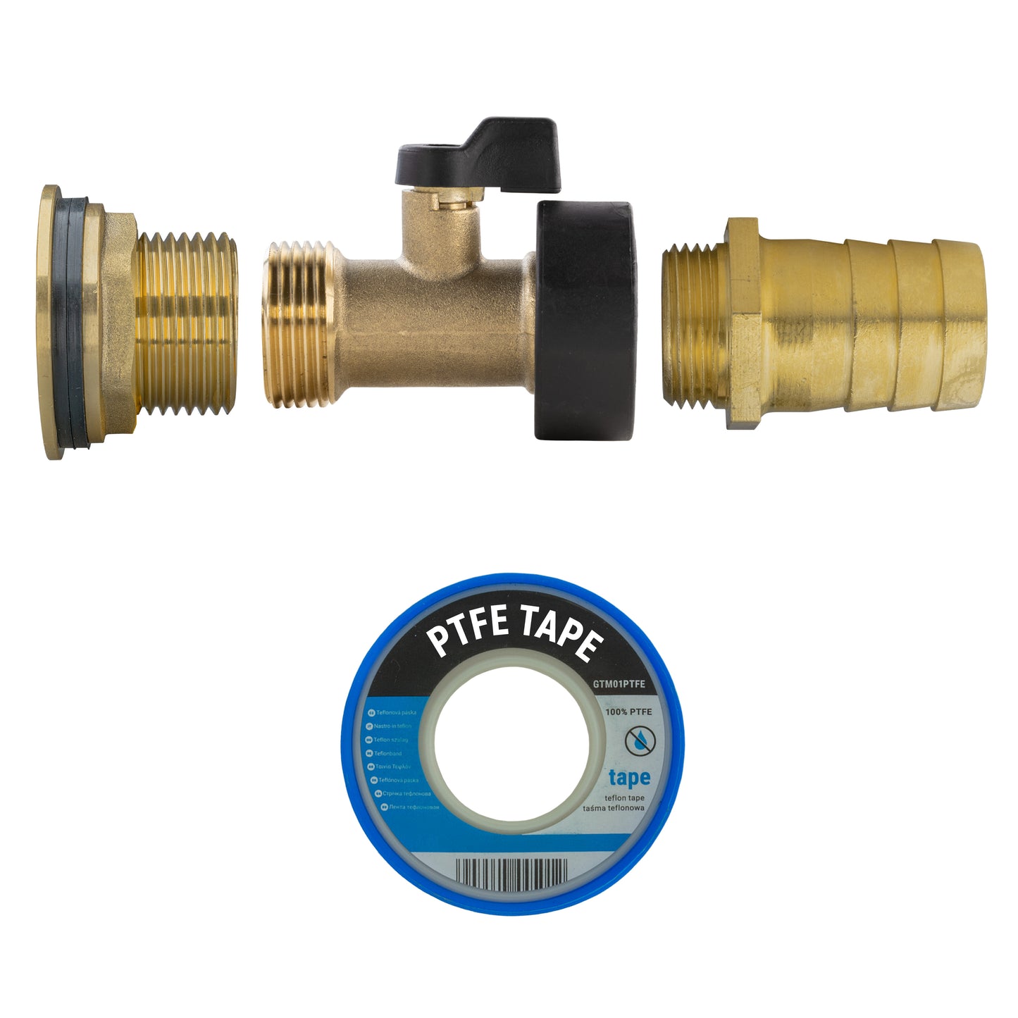 Water Butt Brass Kit 1" with Brass Valve + 25mm Barb