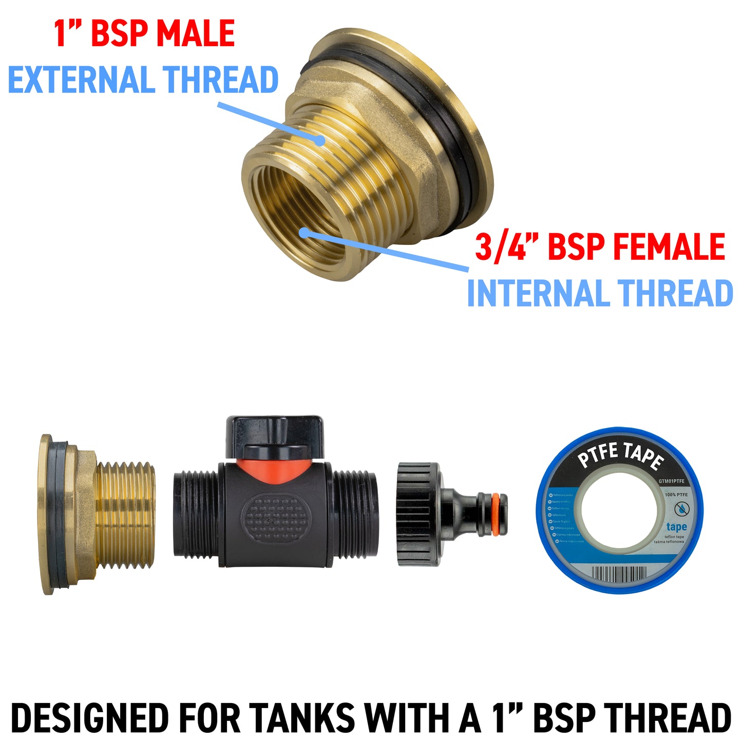 Water Butt Brass Kit 1" with In-Line Valve + Quick Connect and Drill Bit