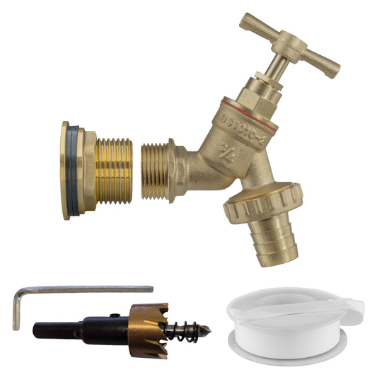 Water Butt Brass Kit 1" with Brass Barbed Tap and Drill Bit