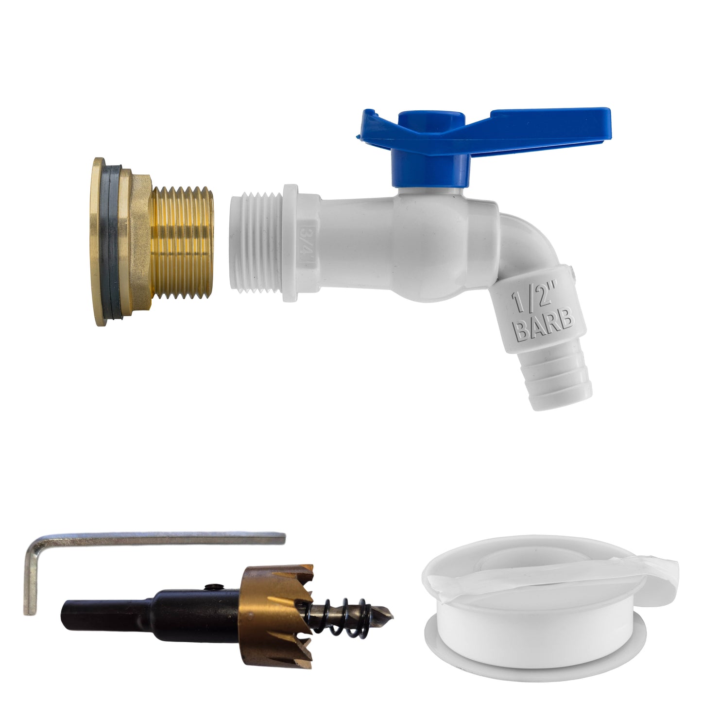 Water Butt Brass Kit 1" with White PVC Tap and Drill Bit