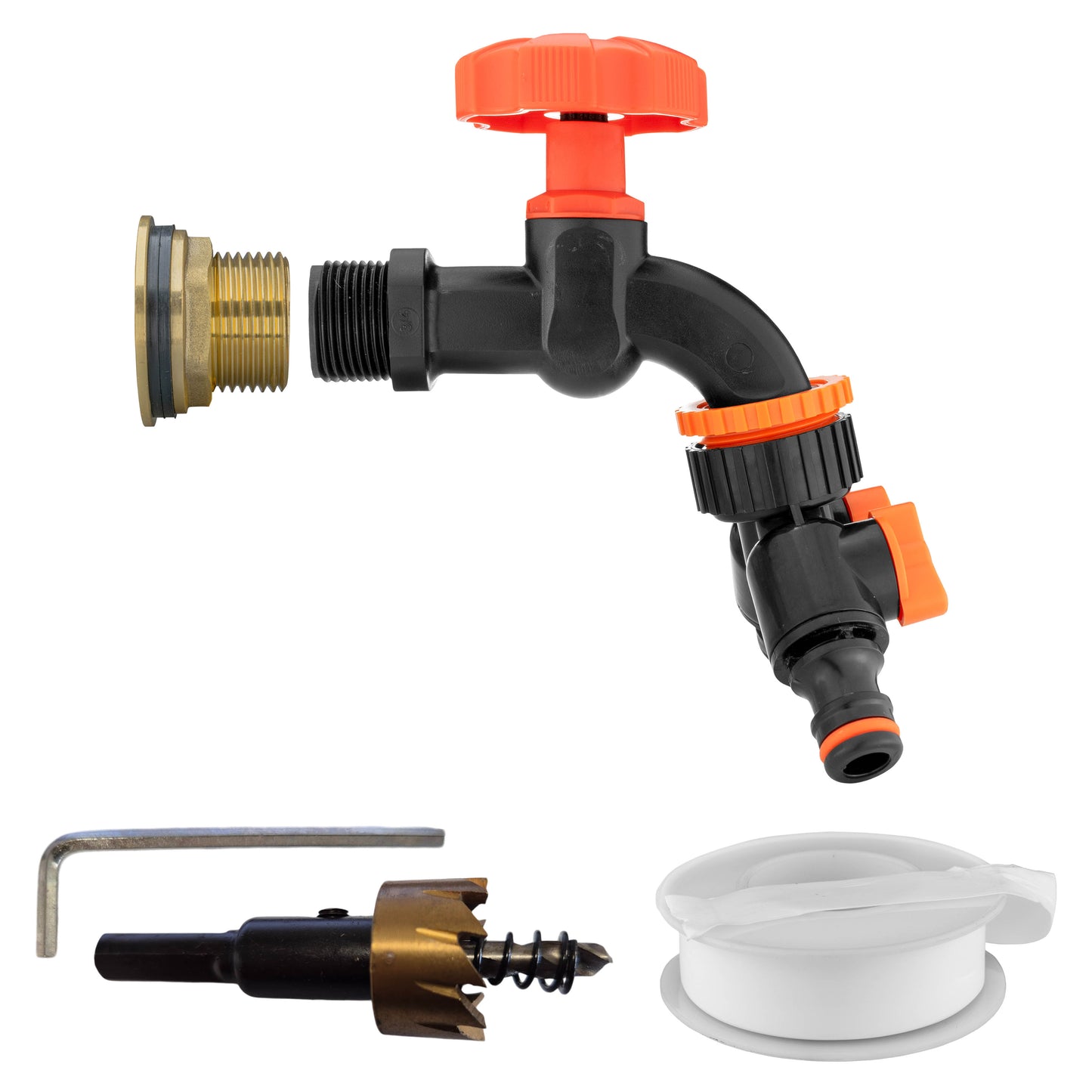 Water Butt Brass Kit 1" with Black Dial Tap + Two-Way Splitter and Drill Bit