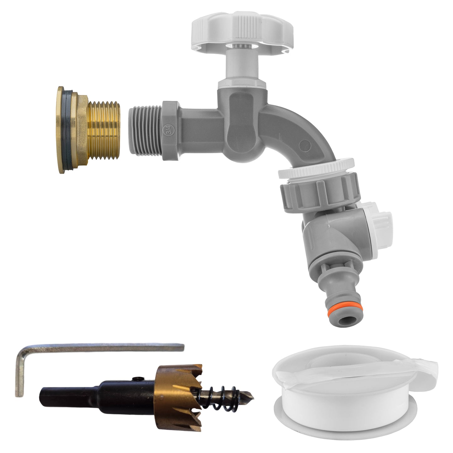 Water Butt Brass Kit 1" with Grey Dial Tap + Two-Way Splitter and Drill Bit