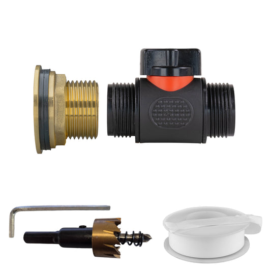 Water Butt Brass Kit 1" with 3/4" BSP In-Line Valve and Drill Bit