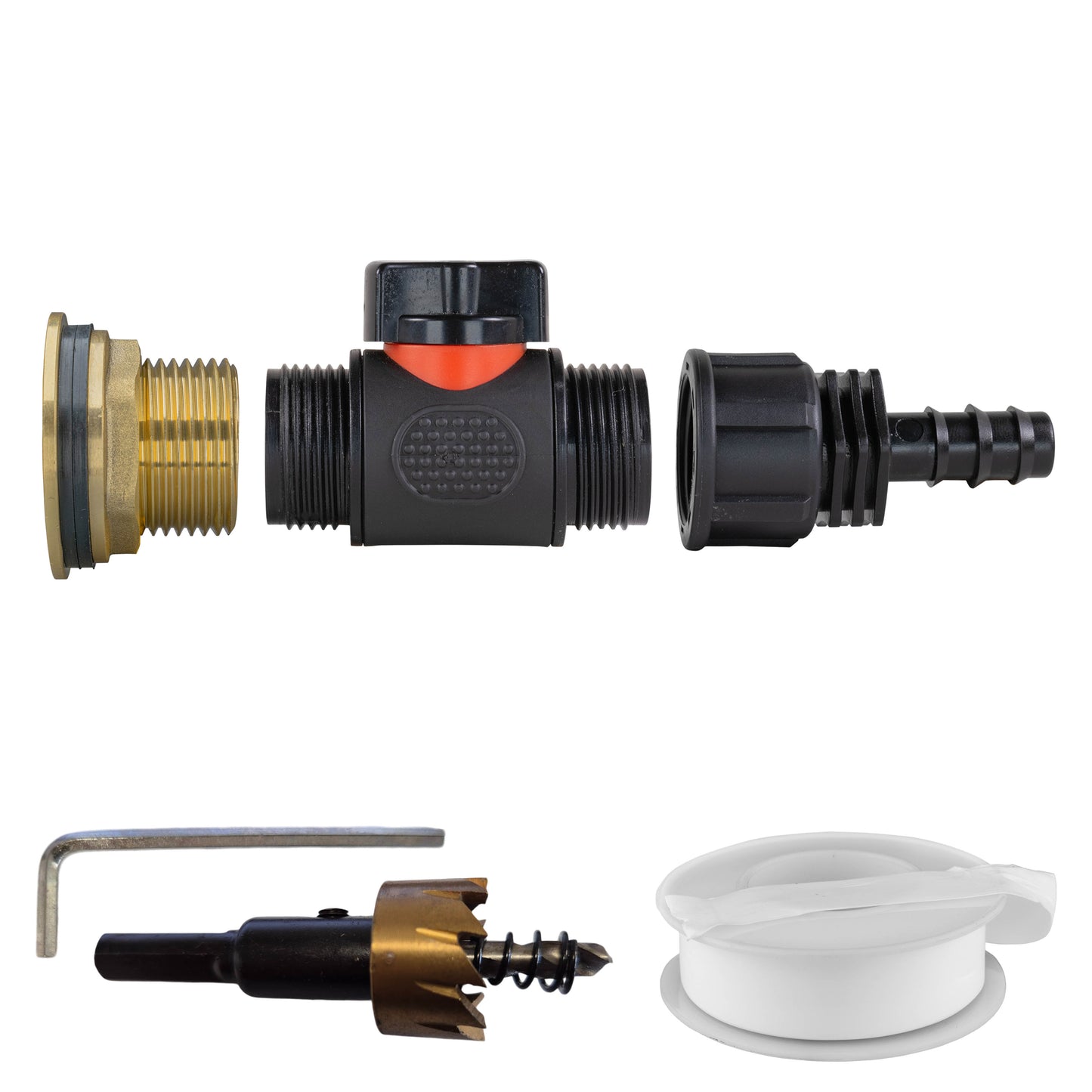 Water Butt Brass Kit 1" with In-Line Valve + 16mm Barb and Drill Bit