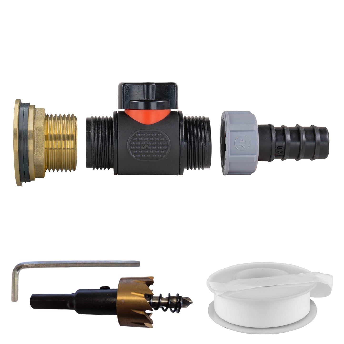 Water Butt Brass Kit 1" with In-Line Valve + 20mm Barb and Drill Bit