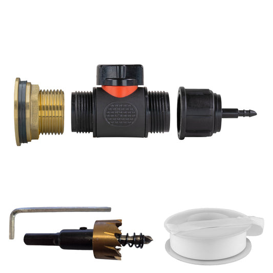 Water Butt Brass Kit 1" with In-Line Valve + 4mm Barb and Drill Bit