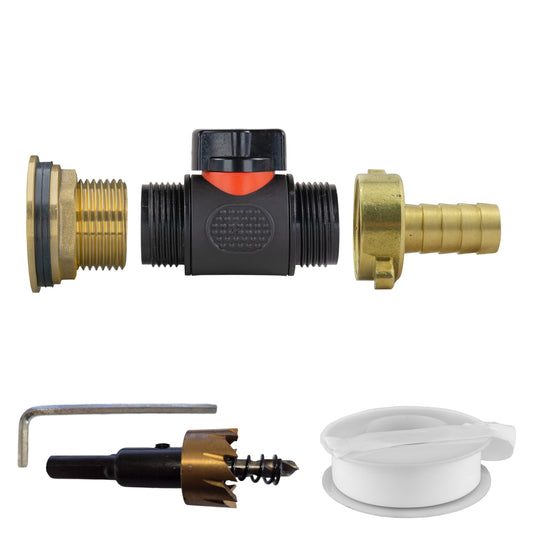 Water Butt Brass Kit 1" with In-Line Valve + 1/2" Brass Barb and Drill Bit