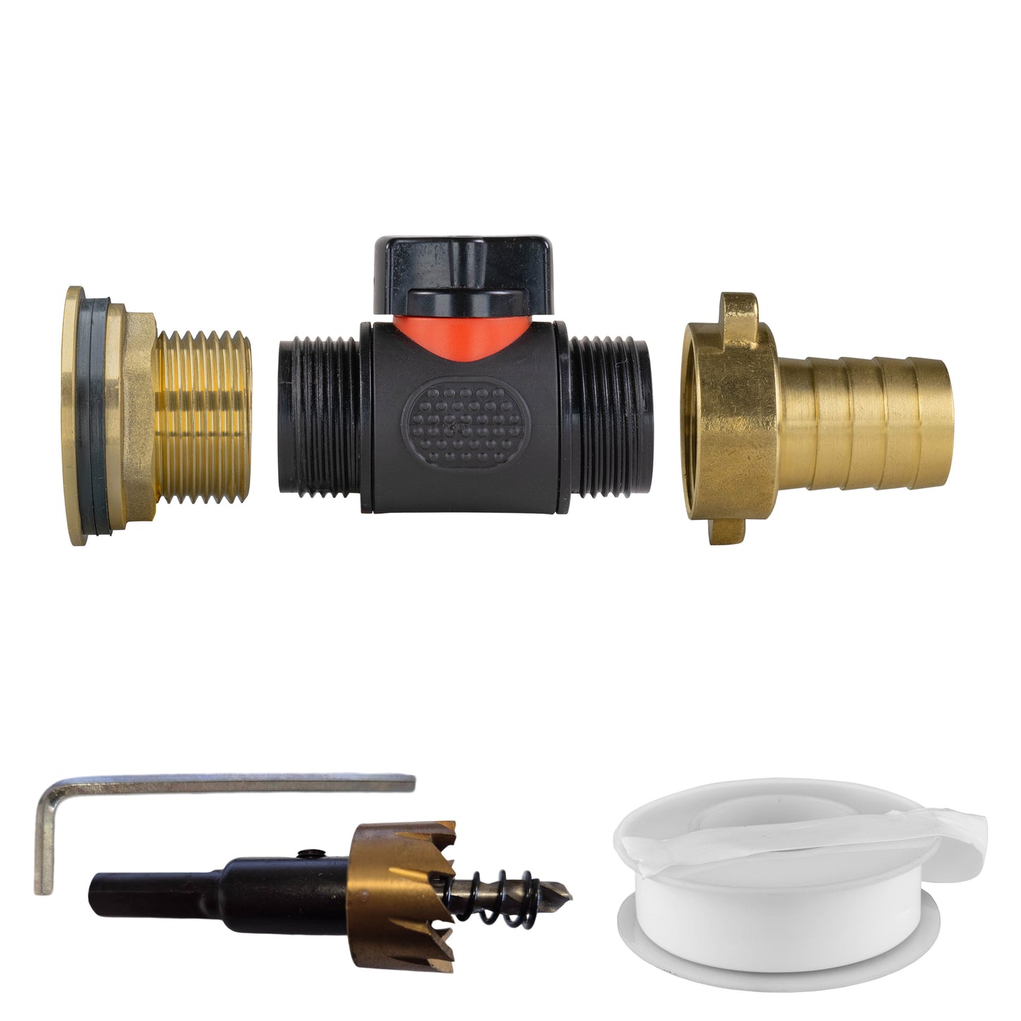 Water Butt Brass Kit 1" with In-Line Valve + 3/4" Brass Barb and Drill Bit