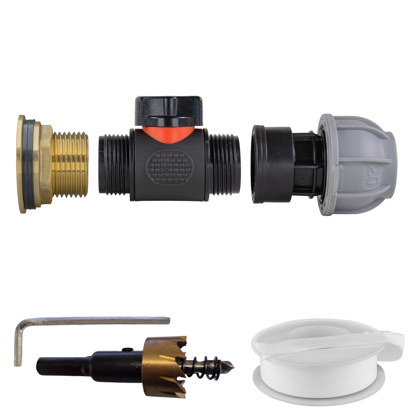 Water Butt Brass Kit 1" with In-Line Valve + 20mm MDPE and Drill Bit