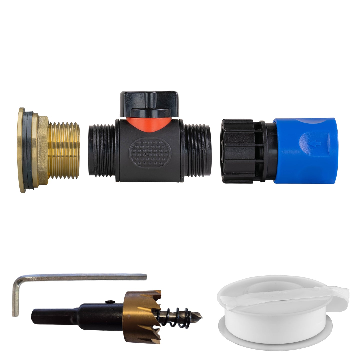 Water Butt Brass Kit 1" with In-Line Valve + Female Quick Connector Blue and Drill Bit