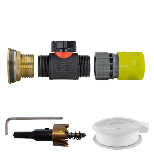 Water Butt Brass Kit 1" with In-Line Valve + Female Quick Connector Lime and Drill Bit