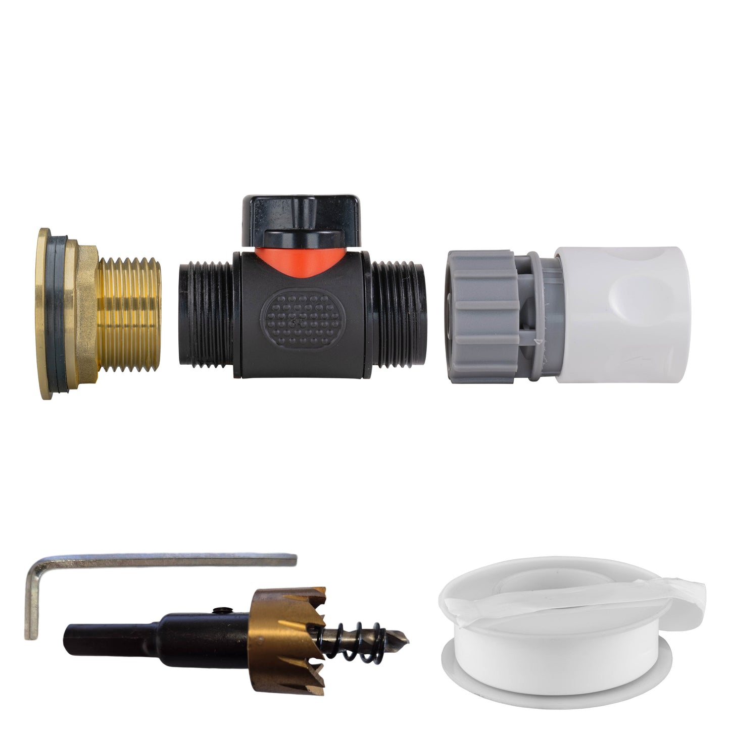 Water Butt Brass Kit 1" with In-Line Valve + Female Quick Connector WL and Drill Bit