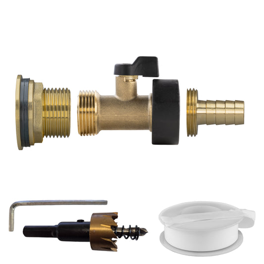 Water Butt Brass Kit 1" with Brass Valve + 13mm Barb and Drill Bit