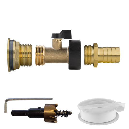 Water Butt Brass Kit 1" with Brass Valve + 19mm Barb and Drill Bit