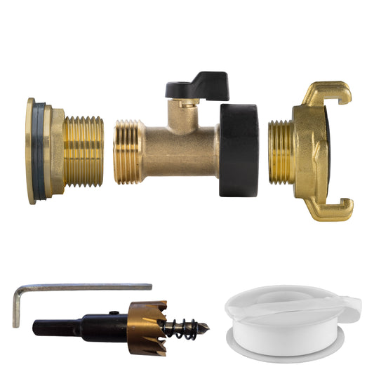 Water Butt Brass Kit 1" with Brass Valve + Geka and Drill Bit