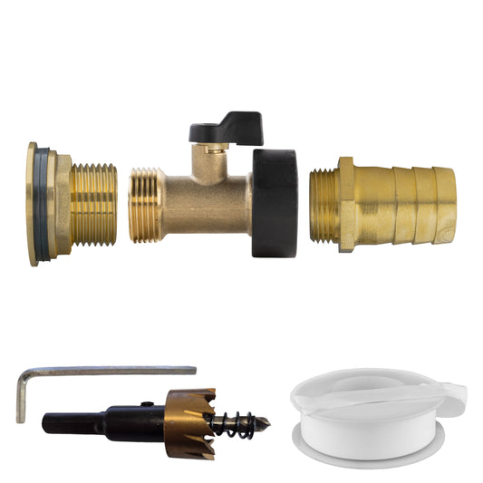 Water Butt Brass Kit 1" with Brass Valve + 25mm Barb and Drill Bit