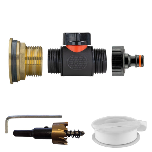 Water Butt Brass Kit 1" with In-Line Valve + Quick Connect and Drill Bit