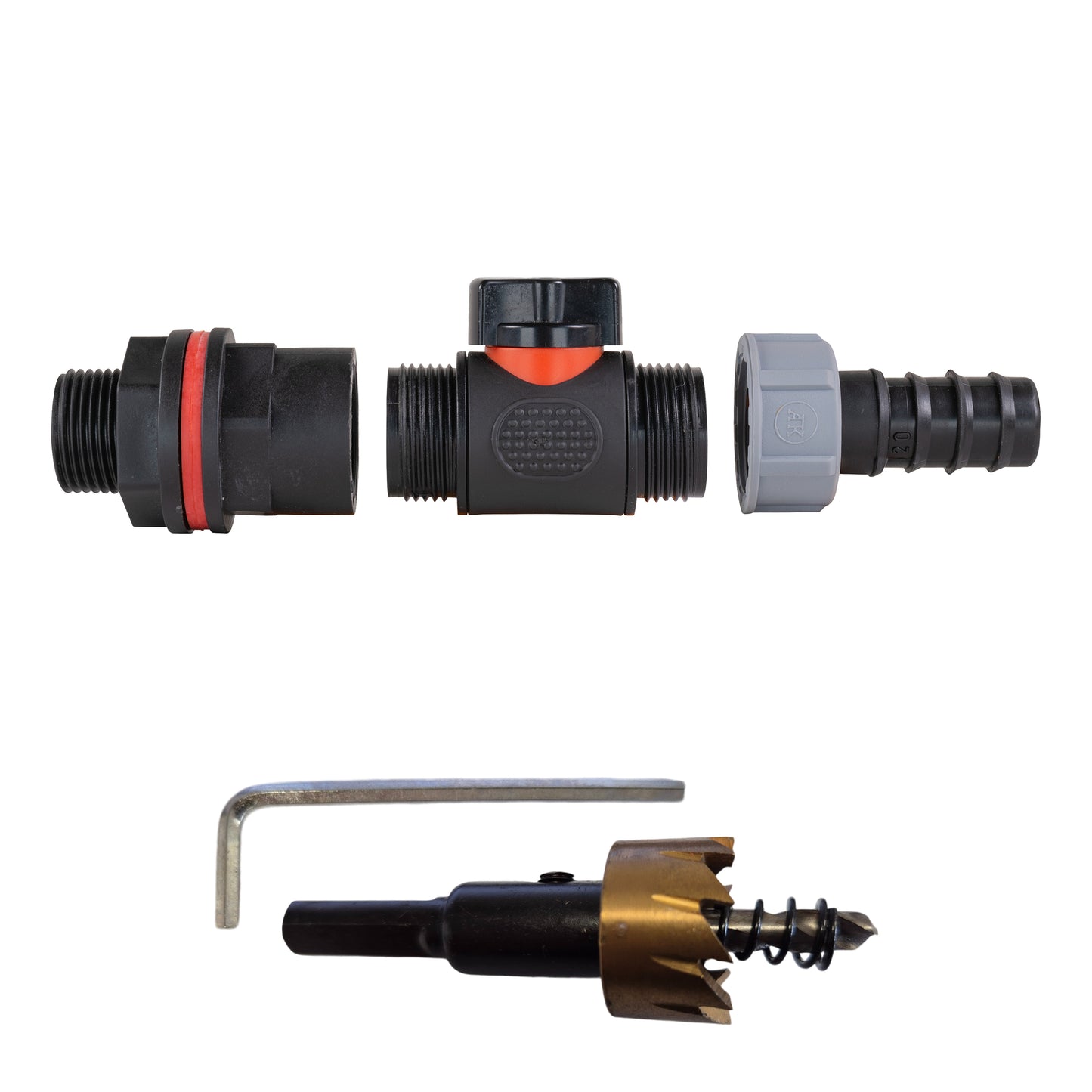 Water Butt Kit 3/4" with In-Line Valve + 3/4" Barb and Drill Bit