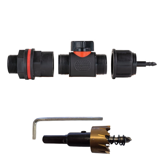 Water Butt Kit 3/4" with In-Line Valve + 4mm Micro Barb and Drill Bit