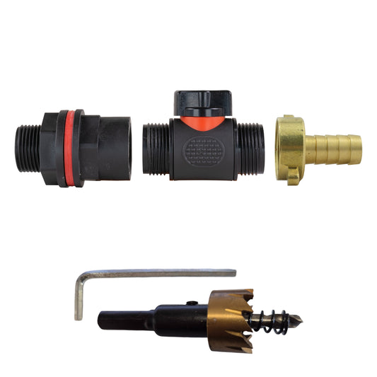 Water Butt Kit 3/4" with In-Line Valve + 13mm Brass Barb and Drill Bit