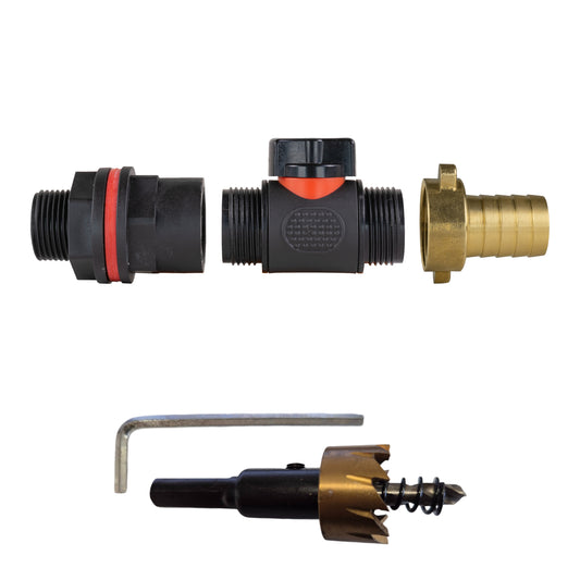 Water Butt Kit 3/4" with In-Line Valve + 19mm Brass Barb and Drill Bit