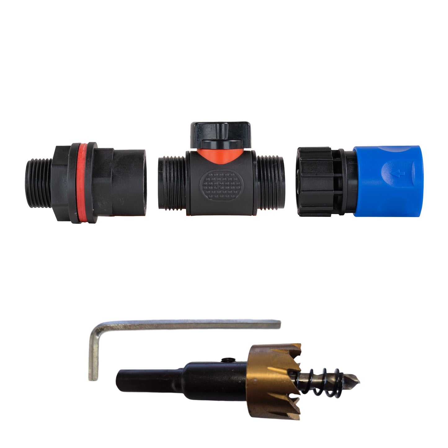 Water Butt Kit 3/4" with In-Line Valve + Female Quick Connector Blue and Drill Bit