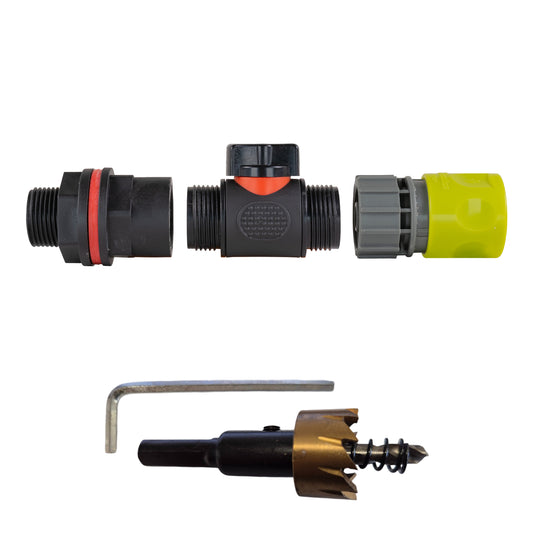 Water Butt Kit 3/4" with In-Line Valve + Female Quick Connector Lime and Drill Bit