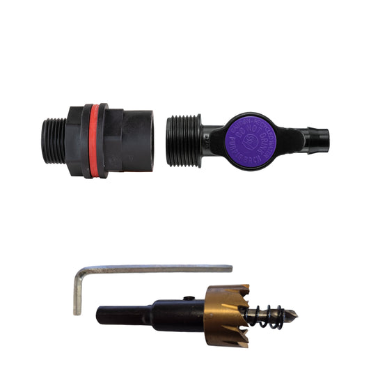 Water Butt Kit 3/4" with 13mm Barb Irrigation Valve and Drill Bit