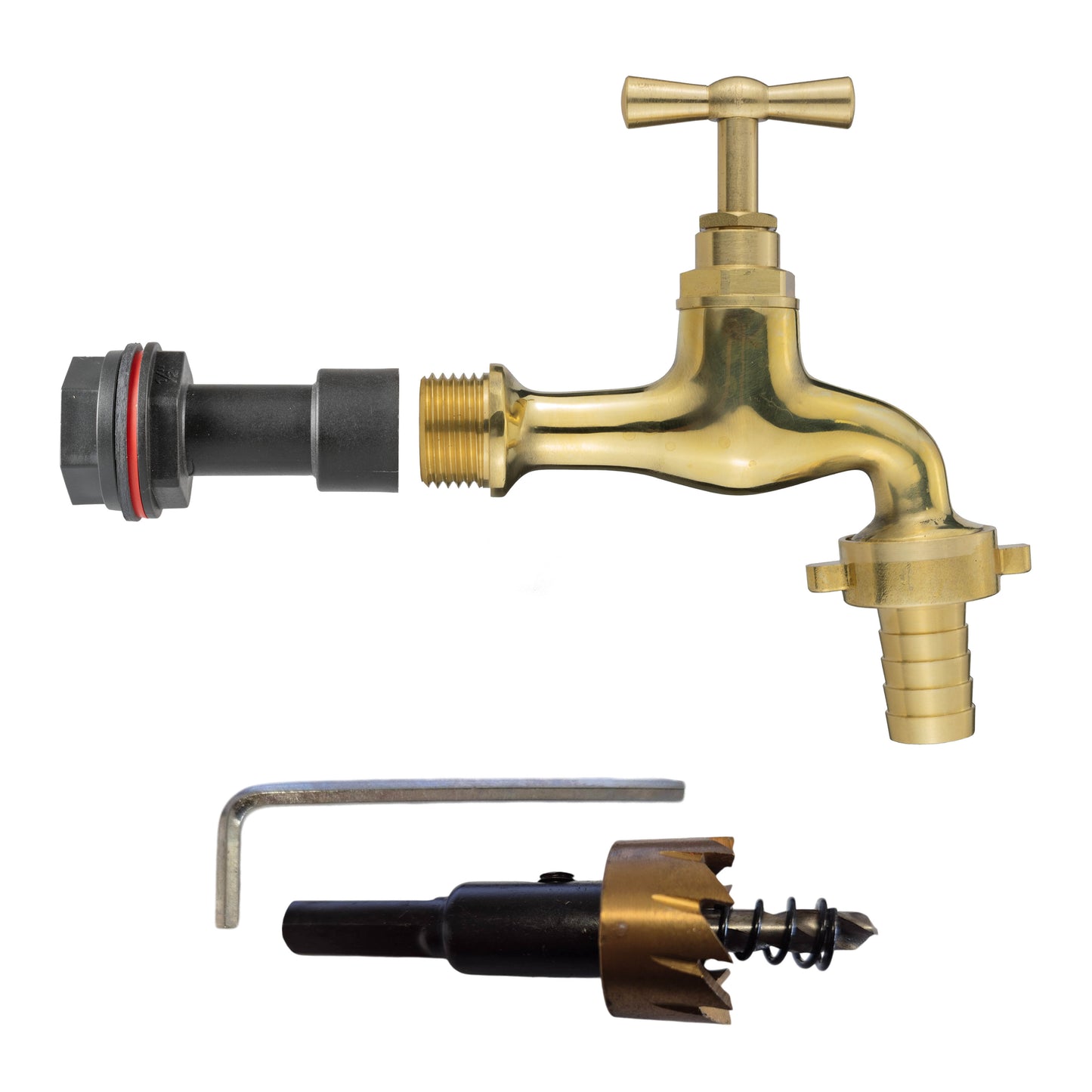 Water Butt Extension Kit 1/2" with 13mm Barbed Polished Brass Tap and Drill Bit