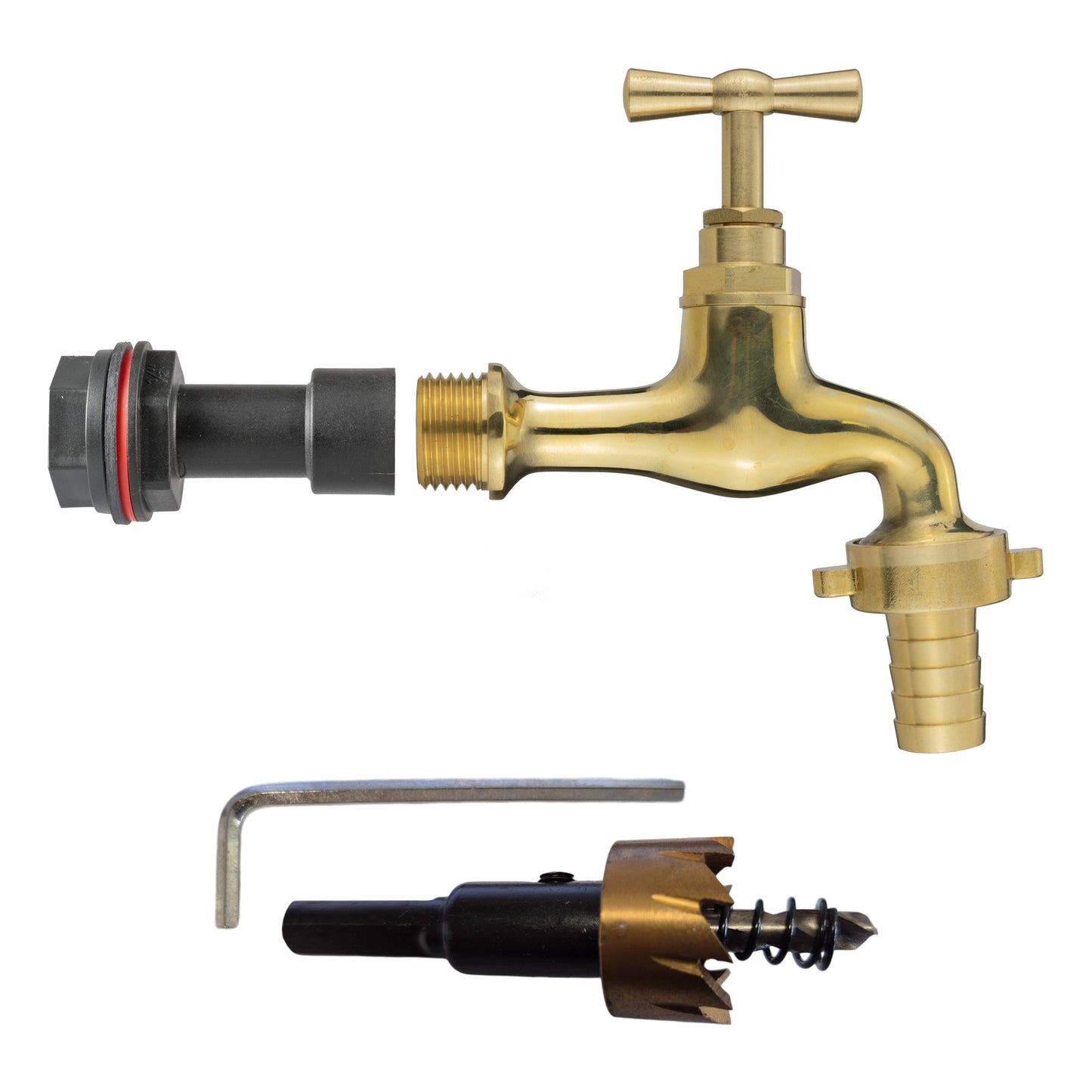 Water Butt Extension Kit 1/2" with 19mm Barbed Polished Brass Tap and Drill Bit