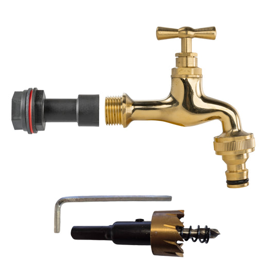 Water Butt Extension Kit 1/2" with Quick Connect Polished Brass Tap and Drill Bit