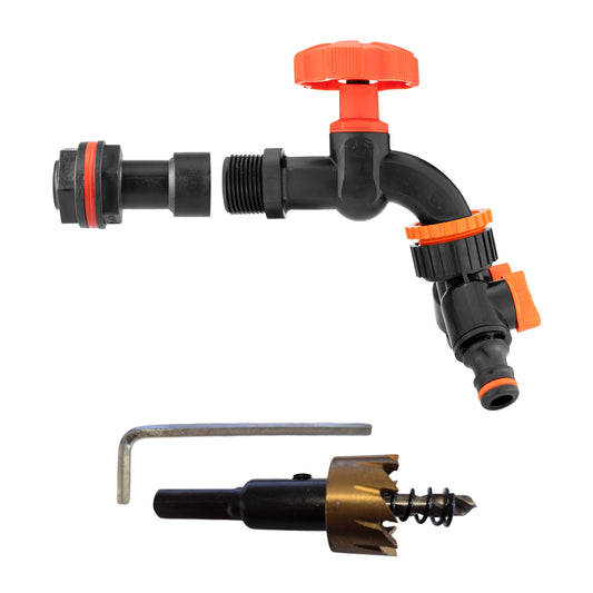 Water Butt Extension Kit 1/2" with Black Dial Tap + Two-Way Splitter and Drill Bit