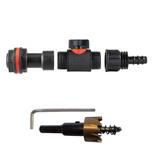 Water Butt Extension Kit 3/4" with In-Line Valve + 16mm Barb and Drill Bit