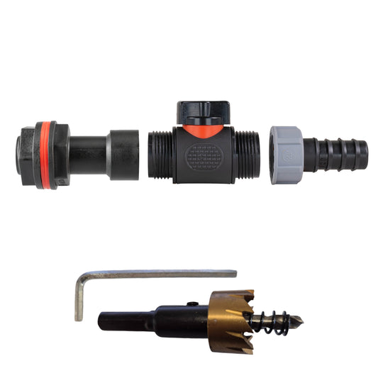 Water Butt Extension Kit 3/4" with In-Line Valve + 20mm Barb and Drill Bit