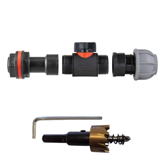 Water Butt Extension Kit 3/4" with In-Line Valve + 20mm MDPE and Drill Bit