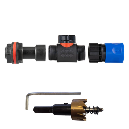 Water Butt Extension Kit 3/4" with In-Line Valve + Female Quick Connector Blue and Drill Bit